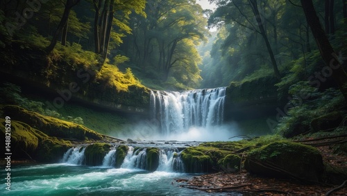 Fototapeta Naklejka Na Ścianę i Meble -  Close-up of a waterfall in a dense forest, river landscape.