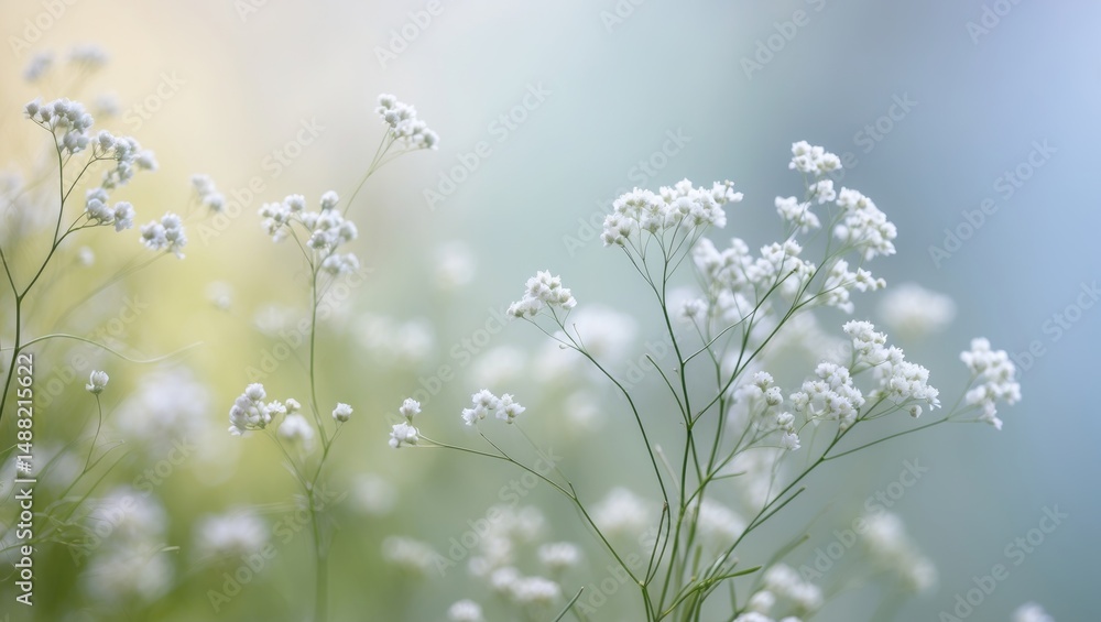 Fototapeta premium Background featuring small white flowers, out of focus, with selective emphasis.