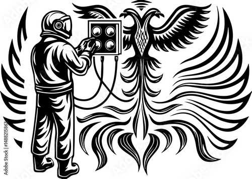 SVG illustrating electrical safety and energy protection. Astronaut Operates Control Panel with Phoenix Artwork Behind Him