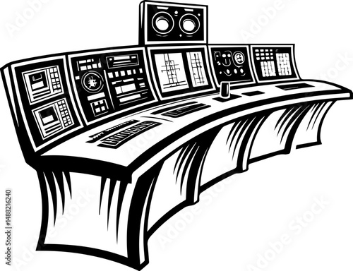 SVG illustrating electrical safety and energy protection. Detailed Control Room Console with Monitors and Data Displays