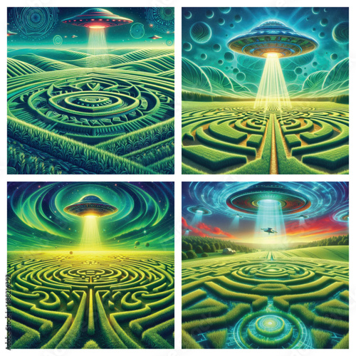 Colorful alien landscapes with UFOs above intricate mazes  