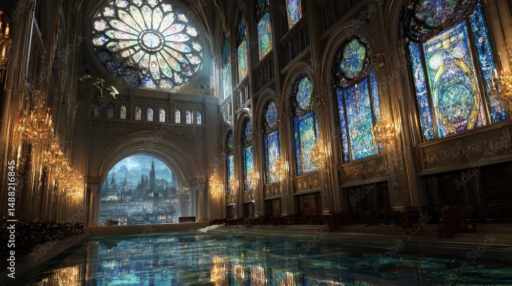 Fototapeta premium Grand Cathedral Interior with Stained Glass Windows and Cityscape Reflection