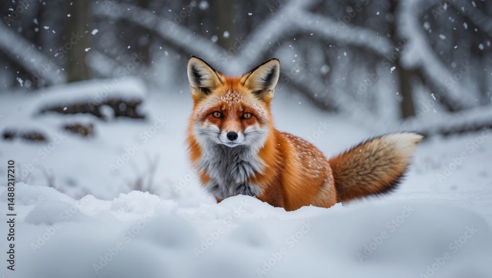 Red fox in a snowy landscape with newly fallen snow. Red fox in a snowy landscape with newly fallen snow.