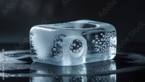 Ice block with a textured surface, trapped air bubbles, and internal cavity, isolated on a reflective background