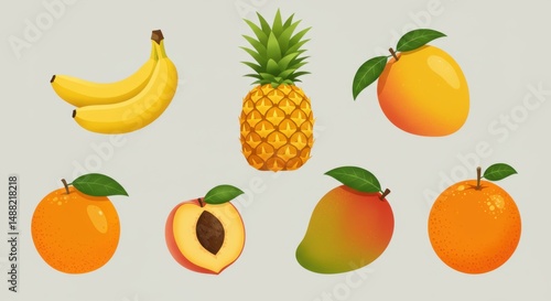Colorful illustration of various fresh fruits isolated on a light gray background