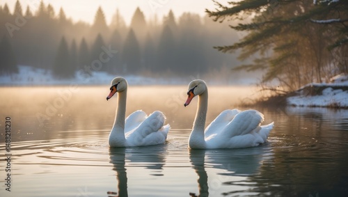 Fototapeta Naklejka Na Ścianę i Meble -  Elegant white whooping swans gliding on the unfrozen winter lake.