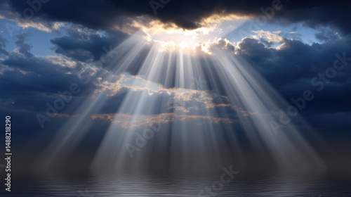 Fototapeta Naklejka Na Ścianę i Meble -  Sunlight streams powerfully through dark storm clouds above a calm sea, creating brilliant beams of light and dramatic reflections across the water surface.