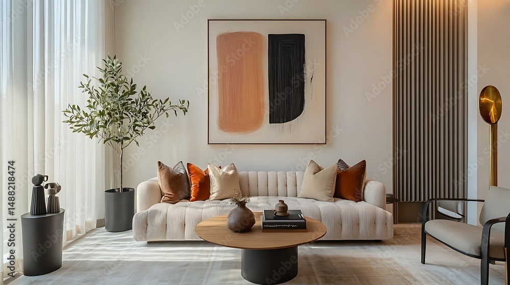 Obraz premium Interior of living room featuring stylish sofa, pillows, round table, plants, artwork