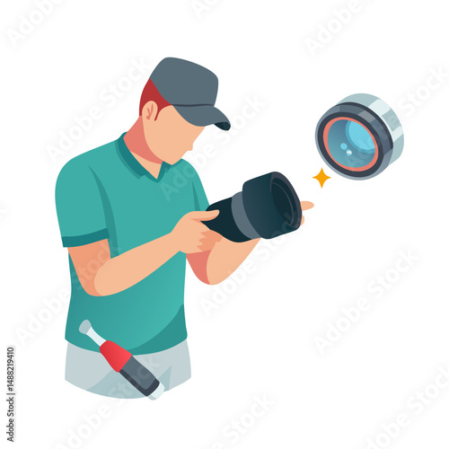 Professional technician repairing camera lens isolated
