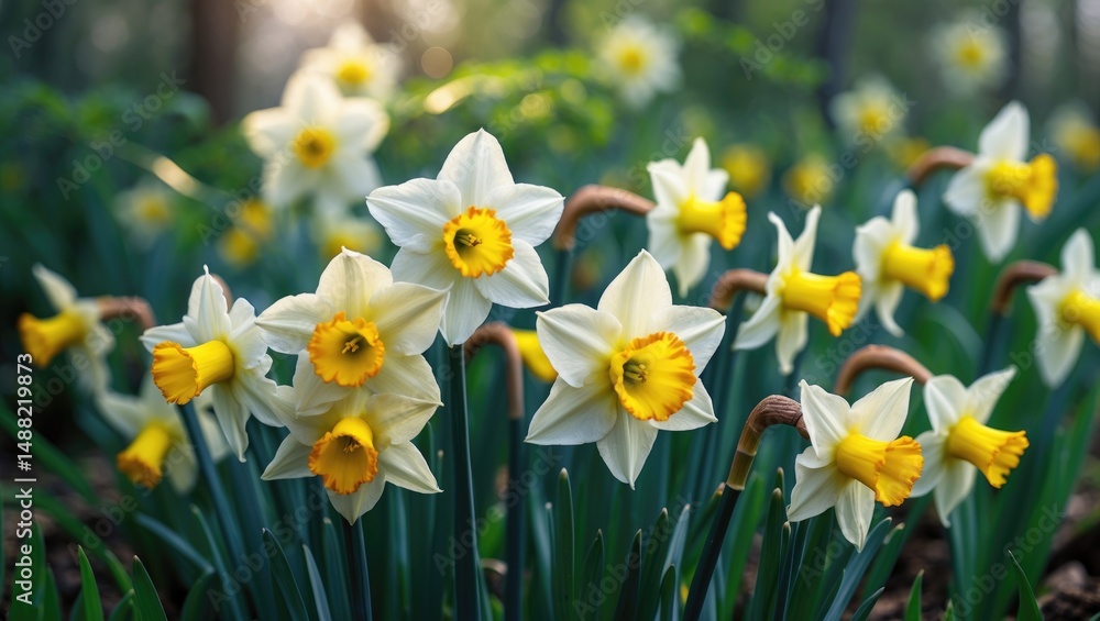 Blooming wild daffodil flowers: trumpet-shaped blooms of Amaryllidaceae perennial bulbous plants Blooming wild daffodil flowers: trumpet-shaped blooms of Amaryllidaceae perennial bulbous plants