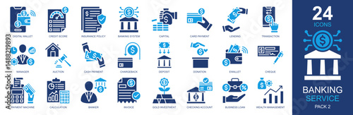 Banking Service Icons set vector illustration. Containing digital wallet, credit score, banking system, transaction, wealth management and more. Simple solid icons collection.