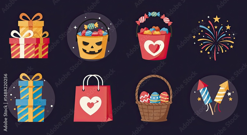 Obraz premium Colorful illustrations of gifts, candy, and festive elements on dark background.