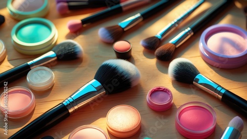 Vibrant makeup products spread out on a surface