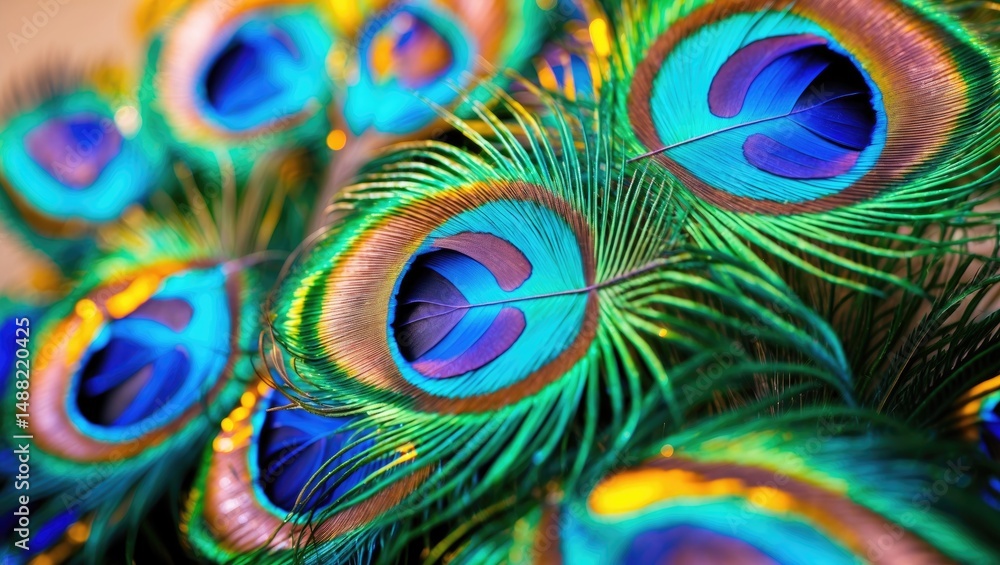 Fototapeta premium Detailed view of peacock feathers for a stunning backdrop