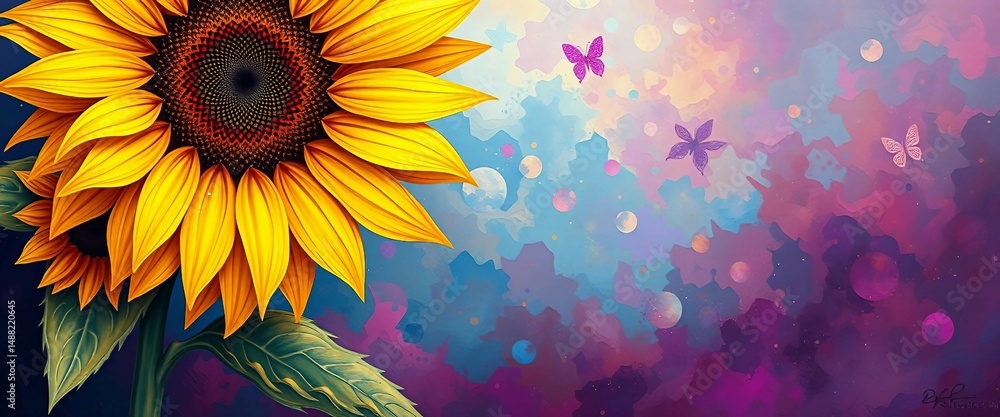 Farbenfrohe Sonnenblumen vor blauem Fantasy-Hintergrund mit fallenden Blättern und dekorativen Elementen. Ideal für kreative Projekte Farbenfrohe Sonnenblumen vor blauem Fantasy-Hintergrund mit fallenden Blättern und dekorativen Elementen. Ideal für kreative Projekte