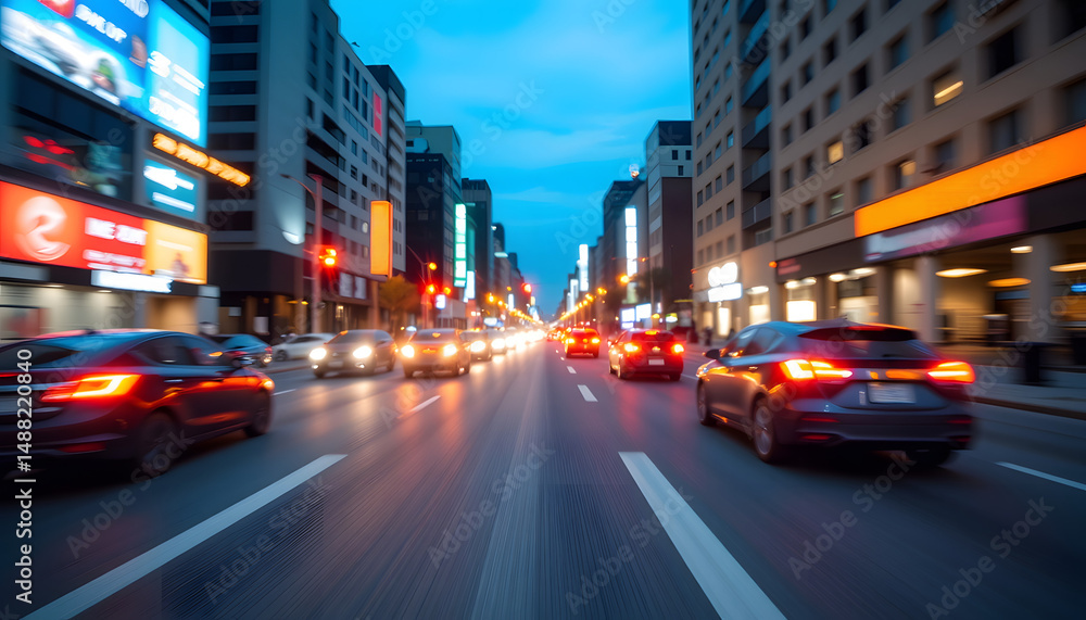 Naklejka premium The city at night has blurred traffic lights, bright blue tones, yellow and orange electric lights, neon lights, motion blur.