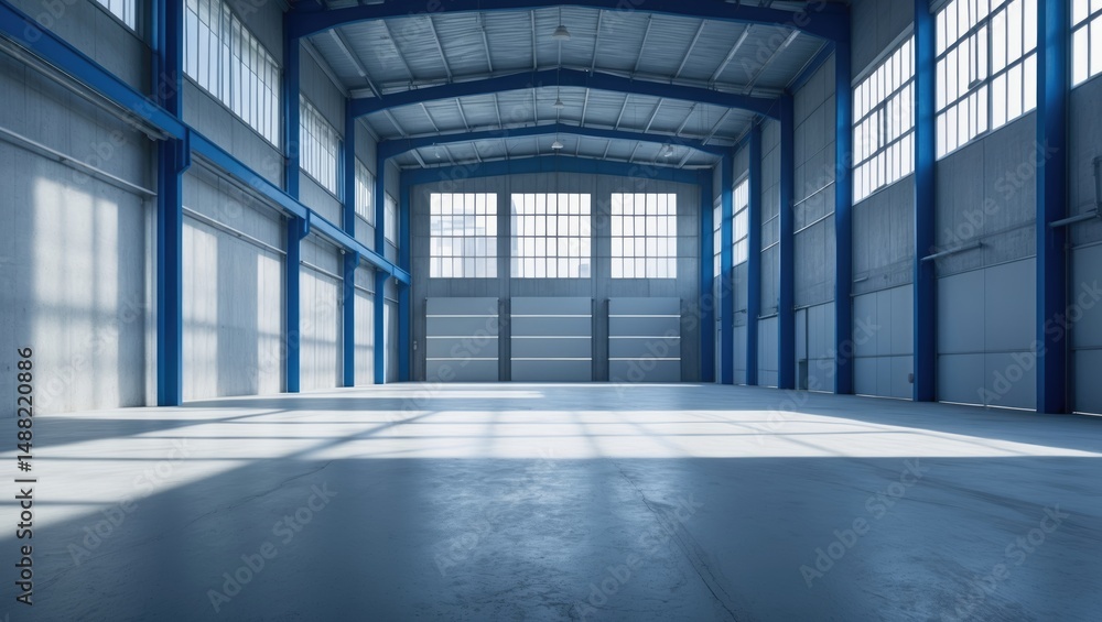 Inside a vacant warehouse characterized by blue architecture Inside a vacant warehouse characterized by blue architecture