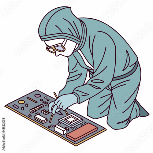 Technician in cleanroom suit repairing circuit board