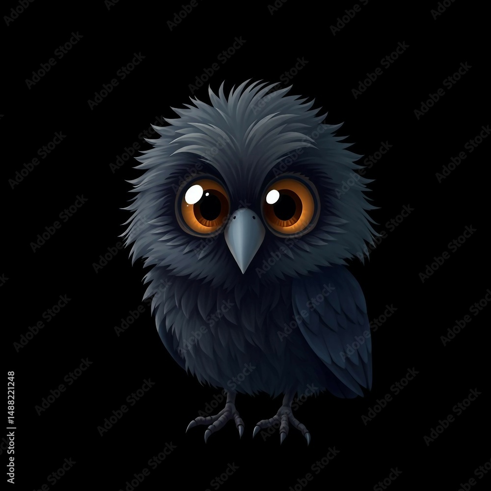 Fototapeta premium Süßer, flauschiger Rabe mit riesigen Augen auf schwarzem Hintergrund. Charmanter Tier-Charakter im niedlichen Cartoon-Stil.