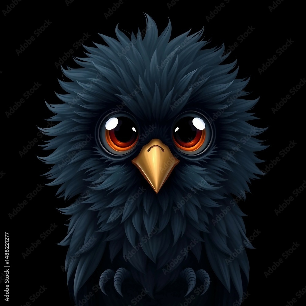 Fototapeta premium Süßer, flauschiger Rabe mit riesigen Augen auf schwarzem Hintergrund. Charmanter Tier-Charakter im niedlichen Cartoon-Stil.