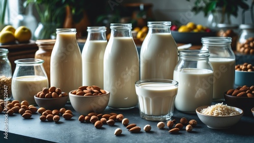 Various vegan milks displayed on a table.