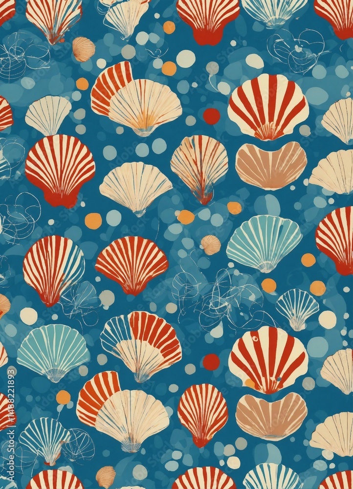 Fototapeta Buntes nahtloses Muster mit Muscheln auf blauem Hintergrund. Perfekt für Stranddesigns, Stoffe oder maritimes Scrapbooking.
