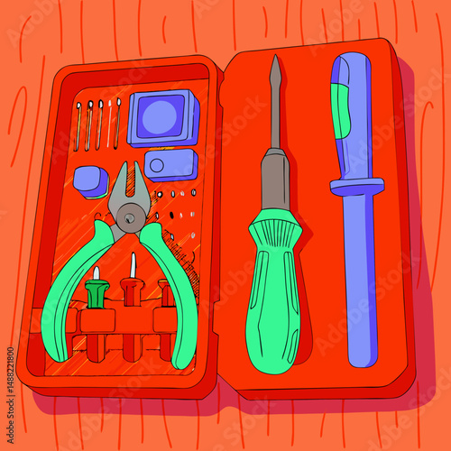 Colorful tool kit cartoon illustration design
