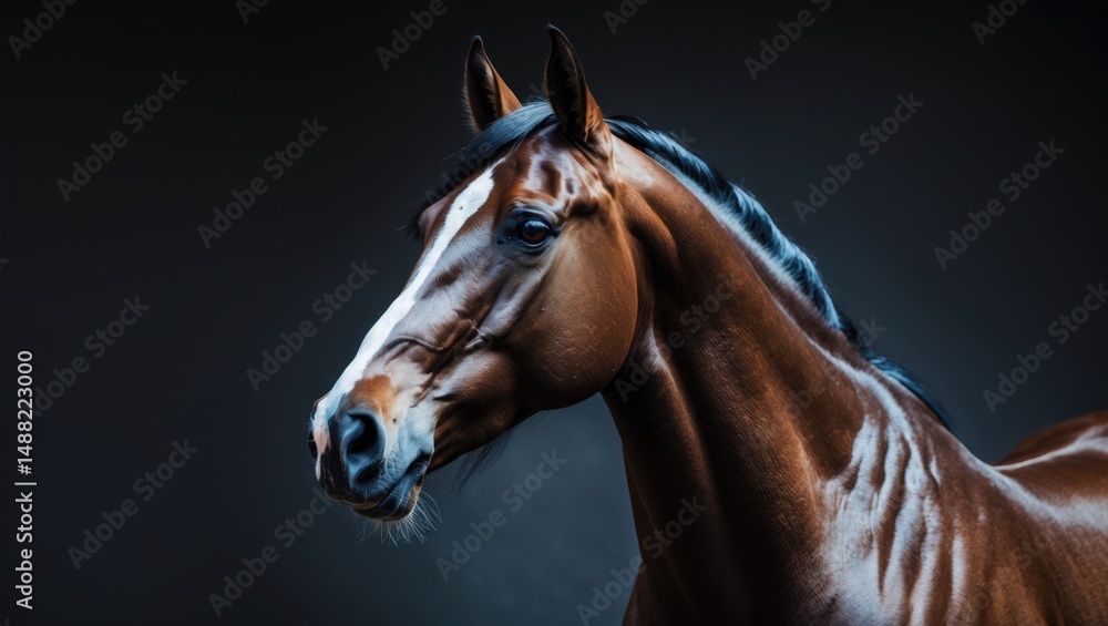 Fototapeta premium Stunning horse head set against a dark backdrop.