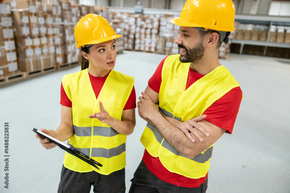 Female warehouse worker holding tablet, explaining tasks to male colleague with crossed arms. Female warehouse worker holding tablet, explaining tasks to male colleague with crossed arms.