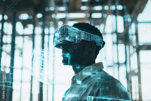 A man wearing a VR headset with futuristic holographic display, immersed in a virtual, technology-driven experience.