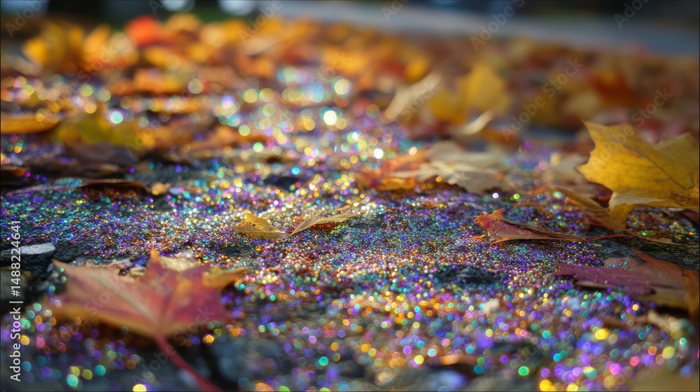 Obraz premium Iridescent Glitter Scattered on the Ground Among Autumn Leaves