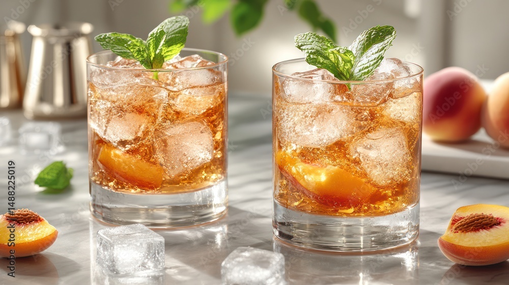 Peach beverage with herbs in glasses Peach beverage with herbs in glasses