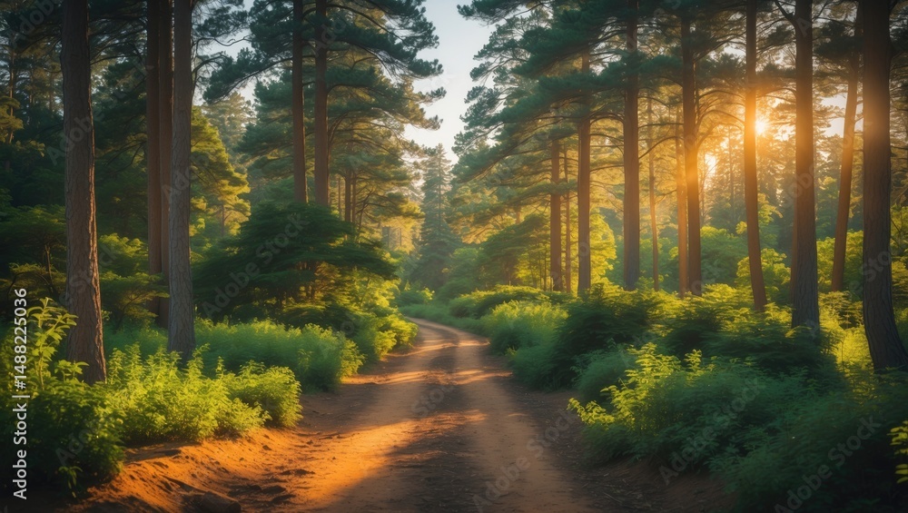 Obraz premium Summer forest scenery with trees and a narrow path illuminated by gentle sunrise light.