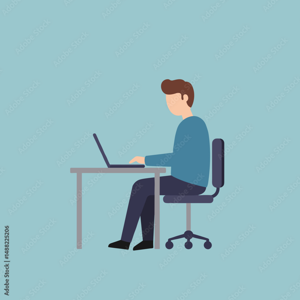 Man working on laptop while sitting at desk in minimal style Man working on laptop while sitting at desk in minimal style