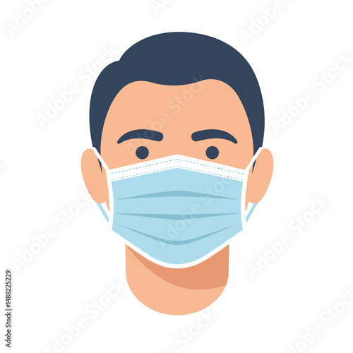 Man wearing a blue face mask with a neutral expression  
