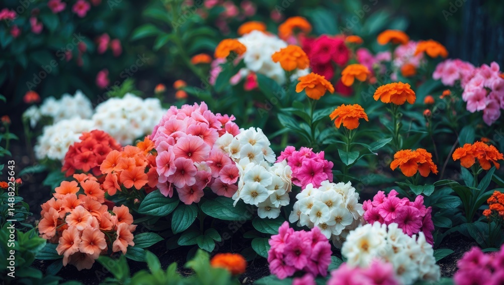 Garden filled with blooming red flowers alongside pink and white Garden filled with blooming red flowers alongside pink and white