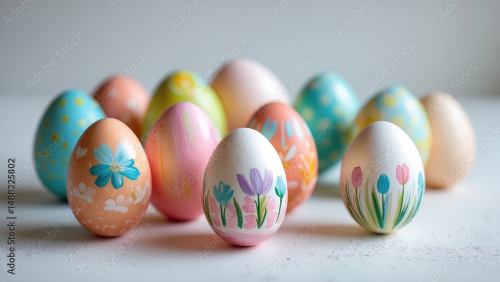 Fototapeta premium Well-crafted images of vibrant hand-painted Easter eggs set against a background