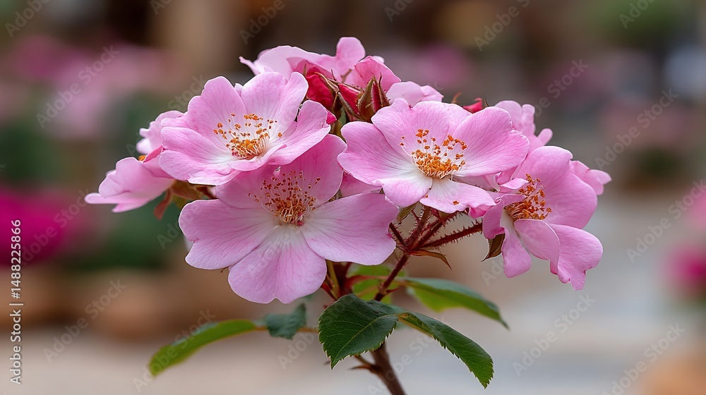 Fototapeta premium Pink rose blossoms dance in garden light