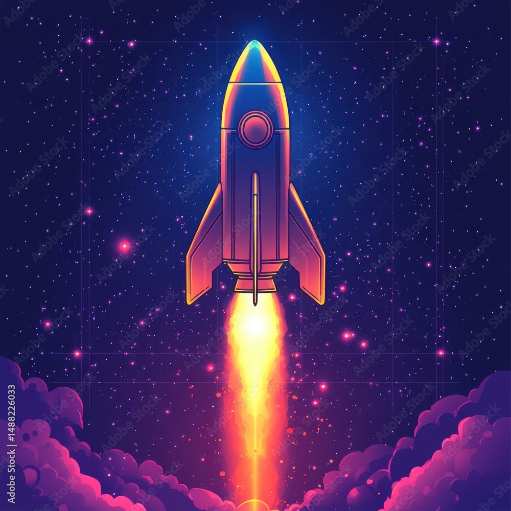 startup rocket icon centered on grid background, galactic cobalt digital lavender palette, 1:1 format startup rocket icon centered on grid background, galactic cobalt digital lavender palette, 1:1 format