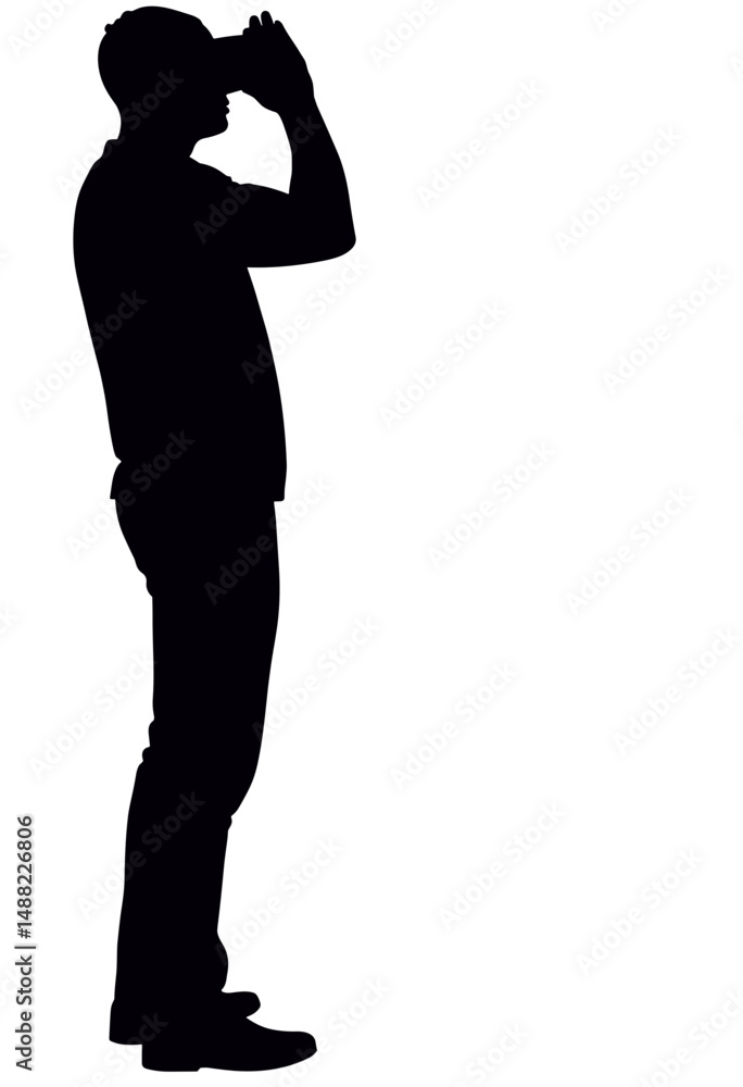 Man exploring virtual reality with headset, black silhouette on white background Man exploring virtual reality with headset, black silhouette on white background