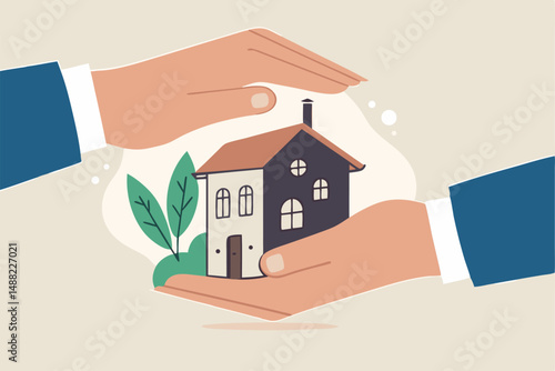 House insurance, real estate or property protection, home security concept, house in businessman palm with other hand cover to protect as insurance coverage.