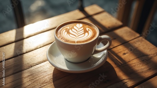 Delicious flat white with foam art in a white cup placed on a wooden table at a specialty coffee shop during summer
