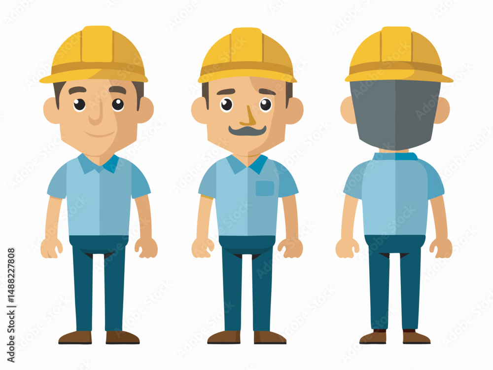 Engineer wearing hard hat. Character constructor for animation. Front, side and back Body view set. Vector illustration. Engineer wearing hard hat. Character constructor for animation. Front, side and back Body view set. Vector illustration.