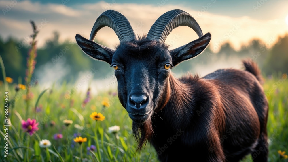 Fototapeta premium Black goat in summer field - selective focus