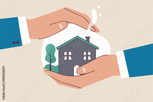 House insurance, real estate or property protection, home security concept, house in businessman palm with other hand cover to protect as insurance coverage.