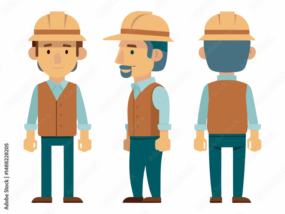 Engineer wearing hard hat. Character constructor for animation. Front, side and back Body view set. Vector illustration. Engineer wearing hard hat. Character constructor for animation. Front, side and back Body view set. Vector illustration.