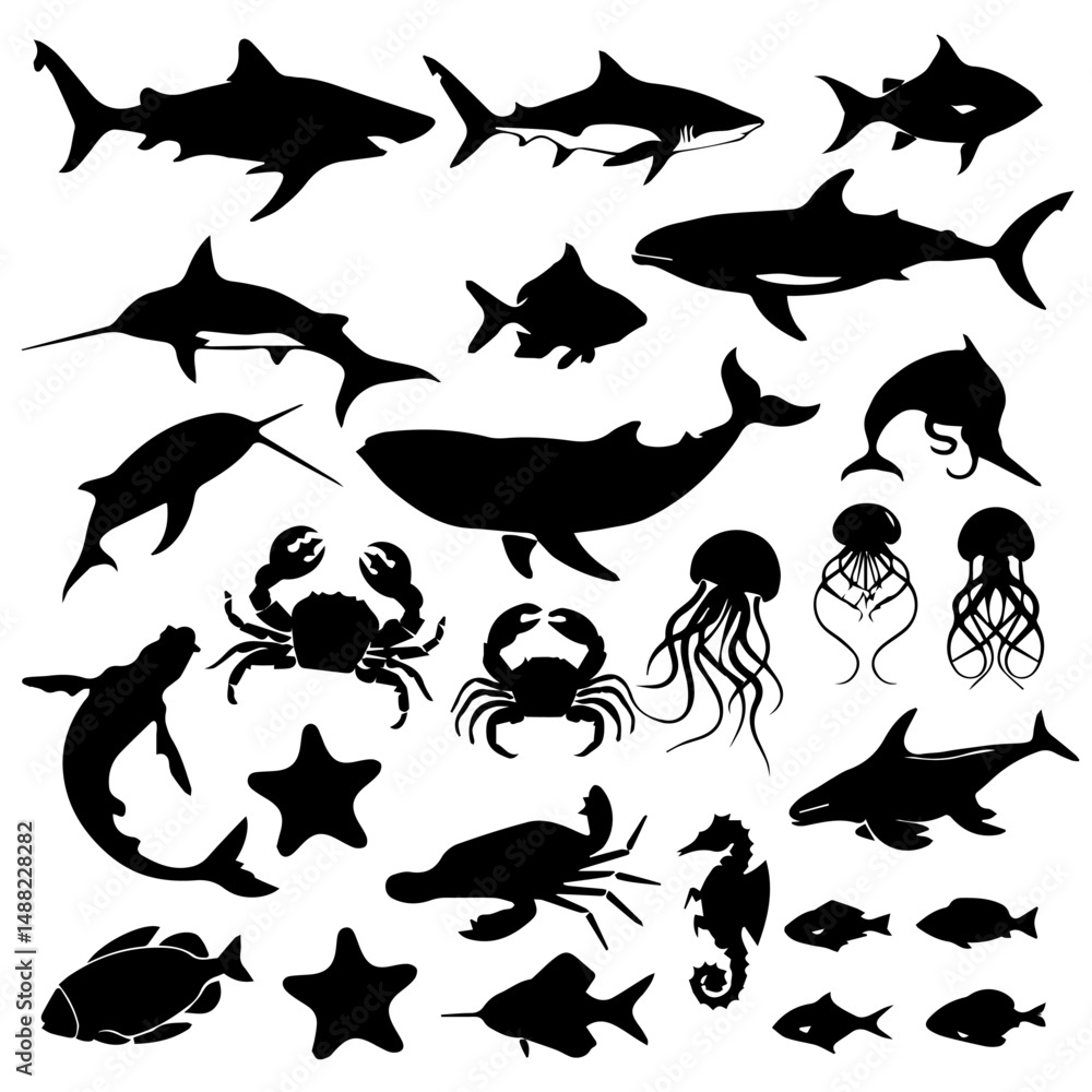 Naklejka premium Black silhouette collection of diverse marine life including fish, sharks, octopuses, and seaweed on a white background, arranged in a dense pattern for aquatic-themed designs or illustrations.