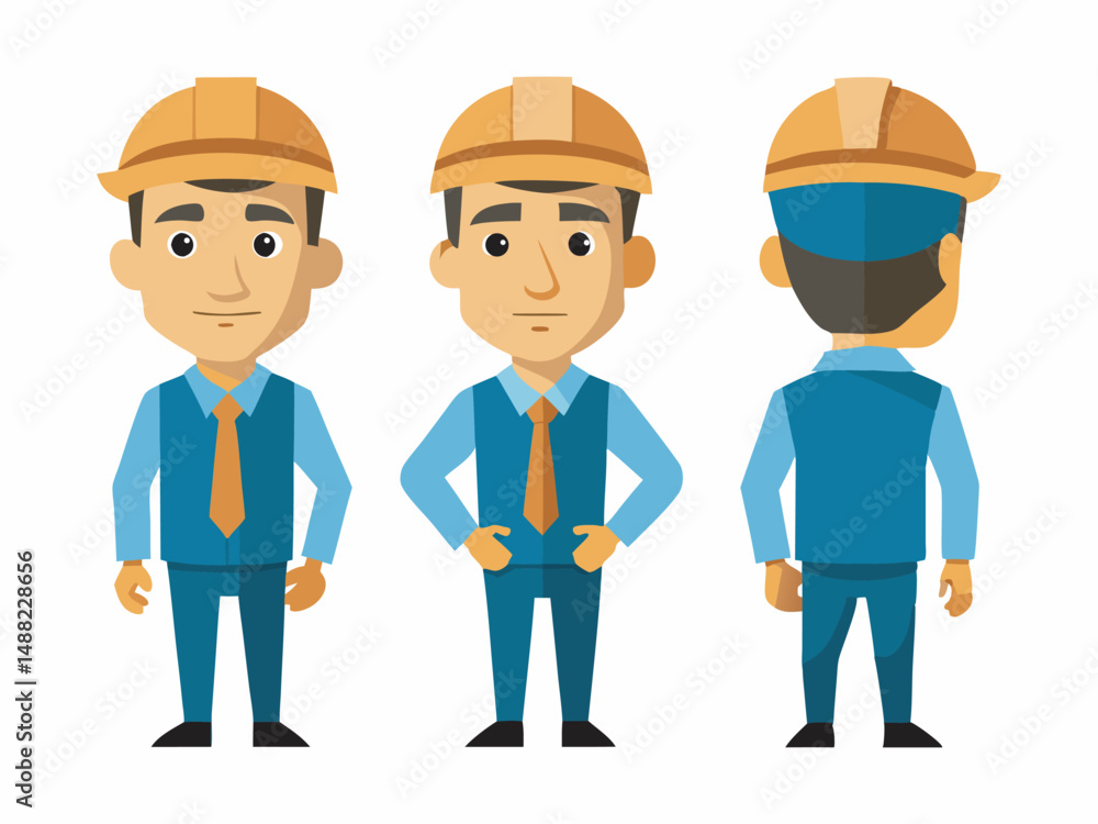 Engineer wearing hard hat. Character constructor for animation. Front, side and back Body view set. Vector illustration. Engineer wearing hard hat. Character constructor for animation. Front, side and back Body view set. Vector illustration.