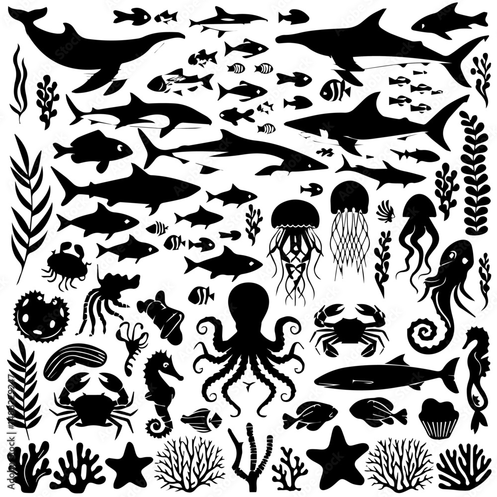 Obraz premium Black silhouette collection of diverse marine life including fish, sharks, octopuses, and seaweed on a white background, arranged in a dense pattern for aquatic-themed designs or illustrations.