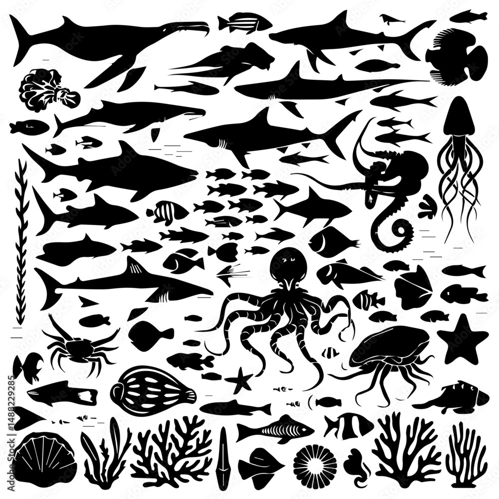 Naklejka premium Black silhouette collection of diverse marine life including fish, sharks, octopuses, and seaweed on a white background, arranged in a dense pattern for aquatic-themed designs or illustrations.